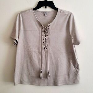 Falls creek faux suede top, lace up chest, elevated tee shirt, neutral, boho,